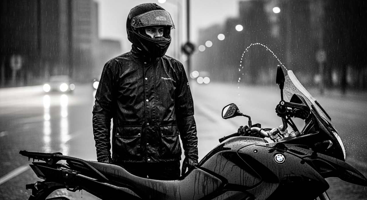 Motorista con chubasquero bajo lluvia Motobike Albacete