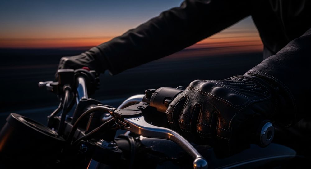 Guantes de moto en el manillar al atardecer · Motobike Albacete