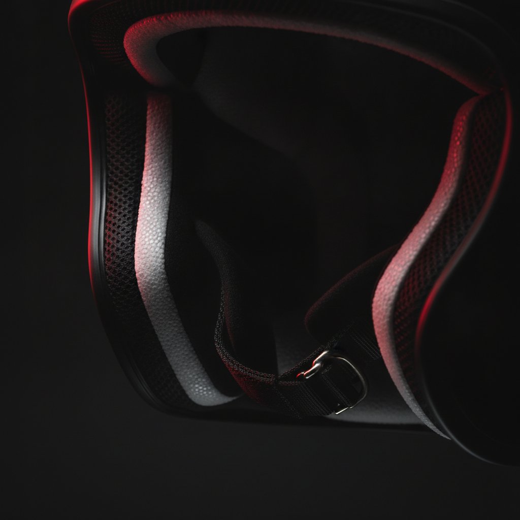 Interior de EPS y correa de un casco integral de moto en primer plano, vida útil Motobike Albacete