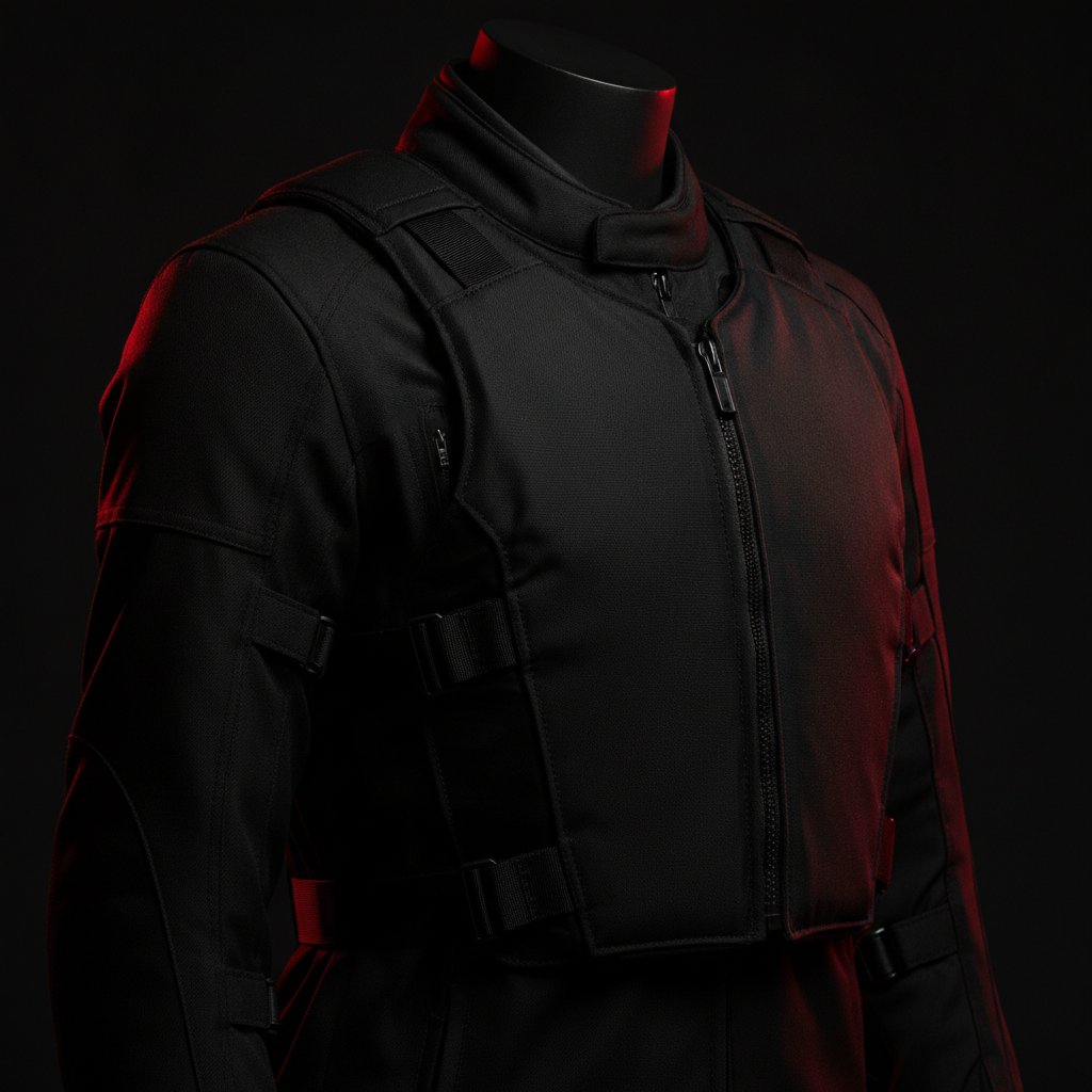 Chaqueta de moto con chaleco airbag sobre maniquí en estudio oscuro, seguridad Motobike Albacete